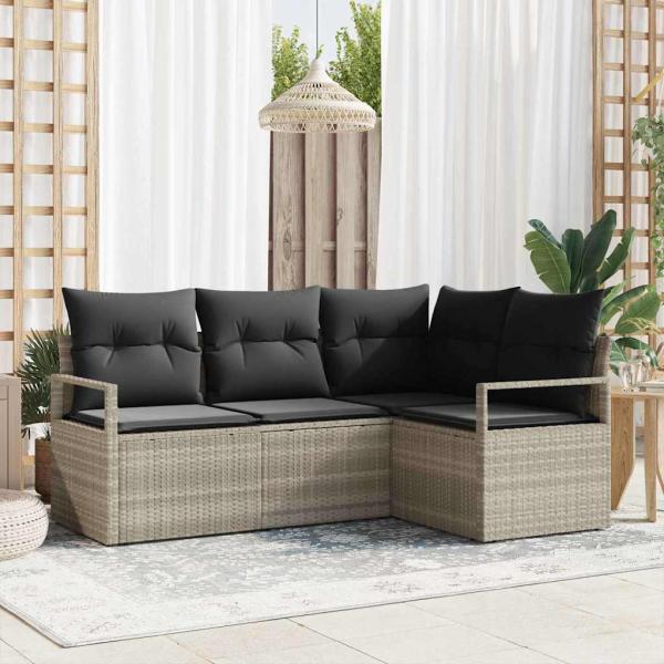 ARDEBO.de - 4-teiliges Garten Sofa Set mit Kissen in Hellgrau Poly Rattan, 2-Sitzer Garten Sofa mit Stauraum & Kissen in Grau Poly Rattan