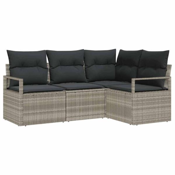 4-teiliges Garten Sofa Set mit Kissen in Hellgrau Poly Rattan, 2-Sitzer Garten Sofa mit Stauraum & Kissen in Grau Poly Rattan