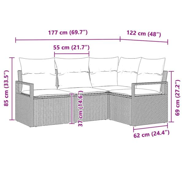 4-teiliges Garten Sofa Set mit Kissen in Hellgrau Poly Rattan, 2-Sitzer Garten Sofa mit Stauraum & Kissen in Grau Poly Rattan