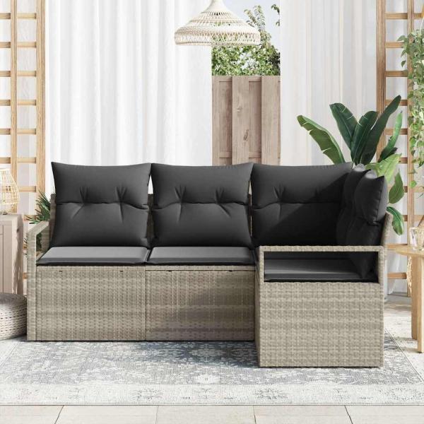 4-teiliges Garten Sofa Set mit Kissen in Hellgrau Poly Rattan, 2-Sitzer Garten Sofa mit Stauraum & Kissen in Grau Poly Rattan