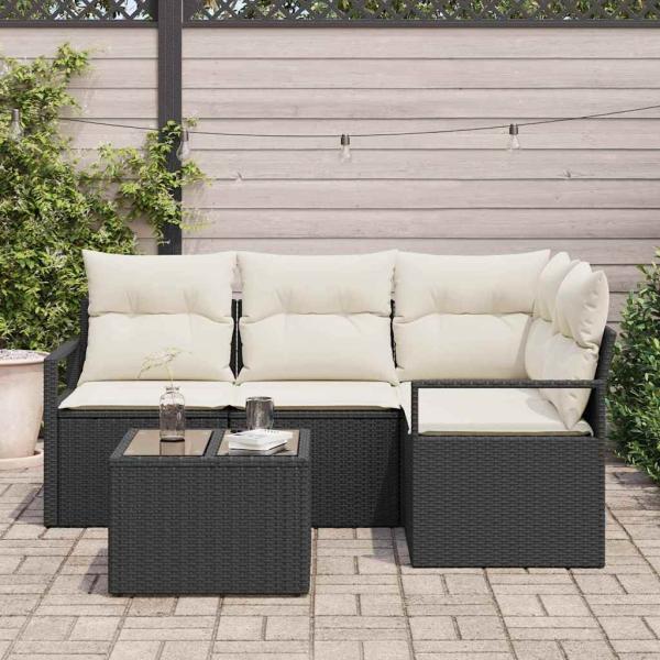 4-teiliges Garten Sofa Set mit Kissen braun Poly-Rattan, 2-Sitzer Garten Sofa mit Stauraum & Kissen schwarz Poly-Rattan