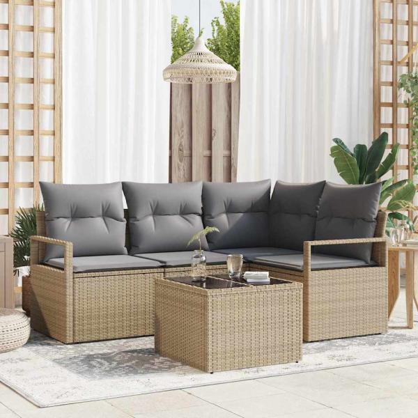 ARDEBO.de - 5-teiliges Garten Sofa Set mit Kissen Schwarz Poly Rattan, 2-Sitzer Garten Sofa mit Stauraum & Kissen Beige Poly Rattan