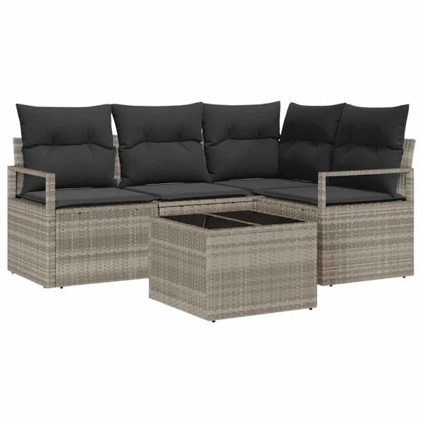 5-teiliges Garten Sofa Set mit Kissen Grau Poly Rattan, 2-Sitzer Garten Sofa mit Stauraum & Kissen Grau Poly Rattan