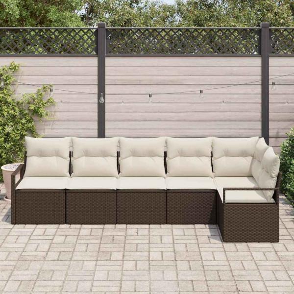 6-teiliges Garten Sofa Set mit Kissen Braunes Poly Rattan, 2-Sitzer Garten Sofa mit Stauraum & Kissen Braunes Poly Rattan