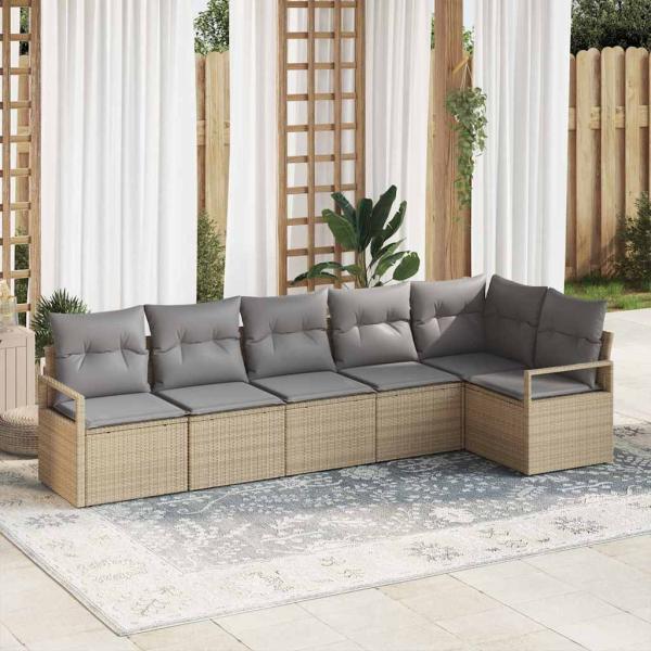 ARDEBO.de - 6-teiliges Garten Sofa Set mit Kissen Beige Poly Rattan, 2-Sitzer Garten Sofa mit Stauraum & Kissen Beige Poly Rattan