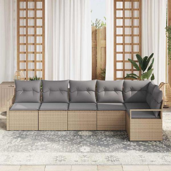 6-teiliges Garten Sofa Set mit Kissen Beige Poly Rattan, 2-Sitzer Garten Sofa mit Stauraum & Kissen Beige Poly Rattan