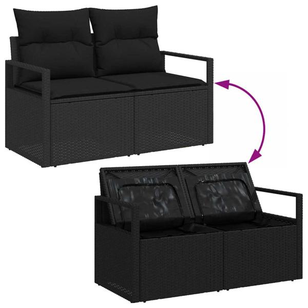 6-teiliges Garten Sofa Set mit Kissen Schwarz Poly Rattan, 2-Sitzer Garten Sofa mit Stauraum & Kissen Schwarz Poly Rattan