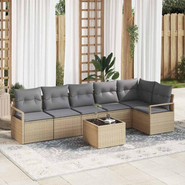 ARDEBO.de - 7-teiliges Garten Sofa Set mit Kissen aus schwarzem Poly Rattan, 2-Sitzer Garten Sofa mit Stauraum & Kissen aus beigem Poly Rattan