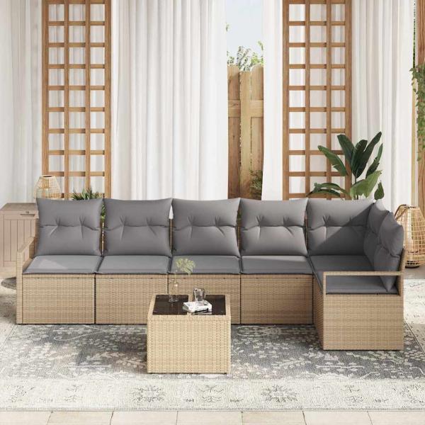 7-teiliges Garten Sofa Set mit Kissen aus schwarzem Poly Rattan, 2-Sitzer Garten Sofa mit Stauraum & Kissen aus beigem Poly Rattan