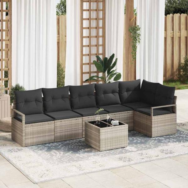 ARDEBO.de - 7-teiliges Garten-Sofaset mit Kissen Grau Poly Rattan, 2-Sitzer Garten-Sofa mit Stauraum & Kissen Grau Poly Rattan