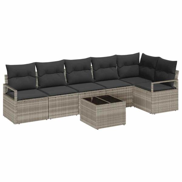 7-teiliges Garten-Sofaset mit Kissen Grau Poly Rattan, 2-Sitzer Garten-Sofa mit Stauraum & Kissen Grau Poly Rattan