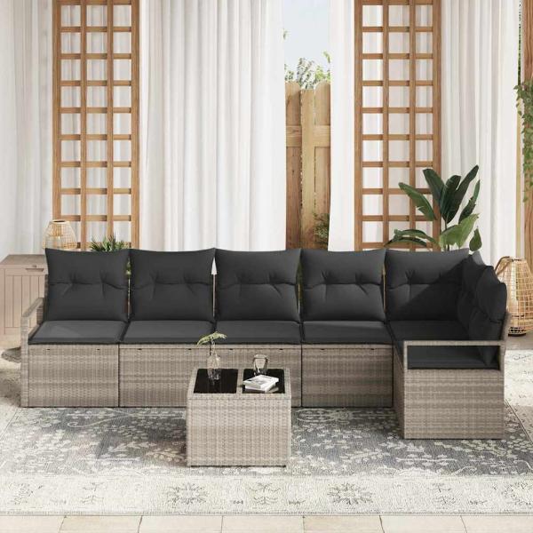 7-teiliges Garten-Sofaset mit Kissen Grau Poly Rattan, 2-Sitzer Garten-Sofa mit Stauraum & Kissen Grau Poly Rattan