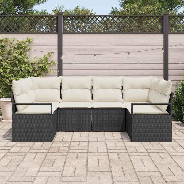 6-teiliges Garten Sofa Set mit Kissen Schwarz Poly Rattan, 2-Sitzer Garten Sofa mit Stauraum & Kissen Schwarz Poly Rattan