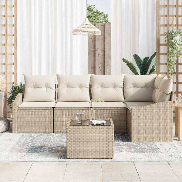 6-teiliges Garten-Esszimmer Set mit Kissen in Braun Poly Rattan