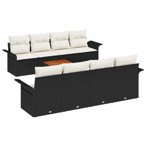 9-teiliges Garten-Sofa-Set mit Kissen Schwarz Poly-Rattan Akazie, {en-US=2-Sitzer Garten-Sofa mit Stauraum & Kissen Schwarz Poly-Rattan, fr-FR=Canapé de jardin 2 places avec rangement et coussins en poly rotin noir, fr-CA=Canapé de jardin 2 places avec ra