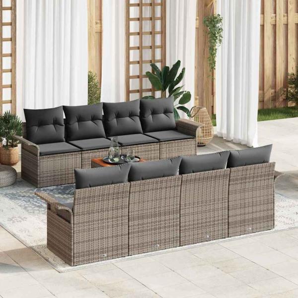 ARDEBO.de - 9-teiliges Garten Sofa Set mit Kissen Grau Poly Rattan Akazie, 2-Sitzer Garten Sofa mit Stauraum & Kissen Grau Poly Rattan