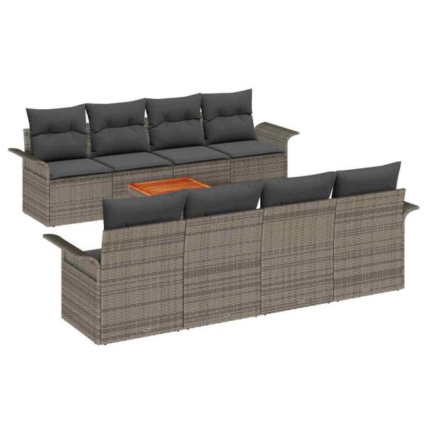 9-teiliges Garten Sofa Set mit Kissen Grau Poly Rattan Akazie, 2-Sitzer Garten Sofa mit Stauraum & Kissen Grau Poly Rattan