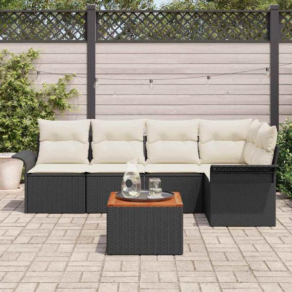 6-teiliges Garten-Sofa-Set mit Kissen Schwarz Poly-Rattan Akazie, 2-Sitzer Garten-Sofa mit Stauraum & Kissen Schwarz Poly-Rattan