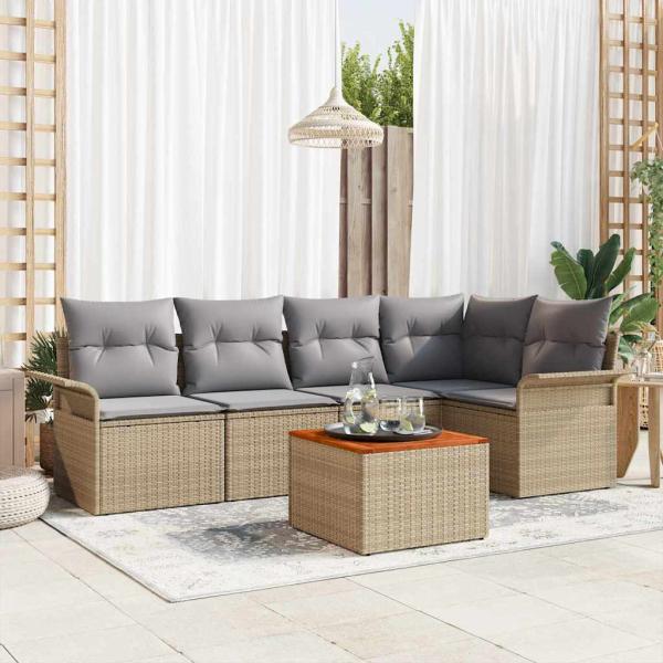 ARDEBO.de - 6-teiliges Garten-Sofa-Set mit Kissen Beige Poly Rattan Akazie, 2-Sitzer Garten Sofa mit Stauraum & Kissen Beige Poly Rattan