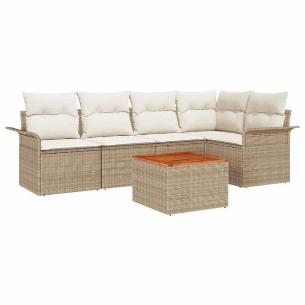 6-teiliges Garten-Sofa-Set mit Kissen Beige Poly Rattan Akazie, 2-Sitzer Garten-Sofa mit Stauraum und Kissen Beige Poly Rattan