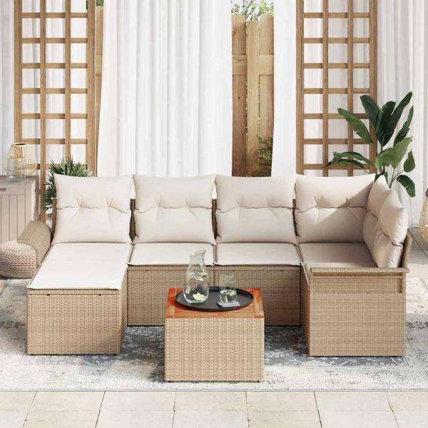 7-teiliges Garten-Sofa-Set mit Kissen Beige Poly-Rattan Akazie, 2-Sitzer Garten-Sofa mit Stauraum & Kissen Beige Poly-Rattan