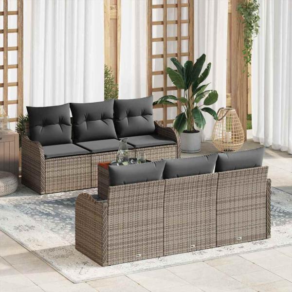 ARDEBO.de - 7-teiliges Garten-Sofa-Set mit Kissen Grau Poly-Rattan Akazie, 2-Sitzer Garten-Sofa mit Stauraum & Kissen Grau Poly-Rattan