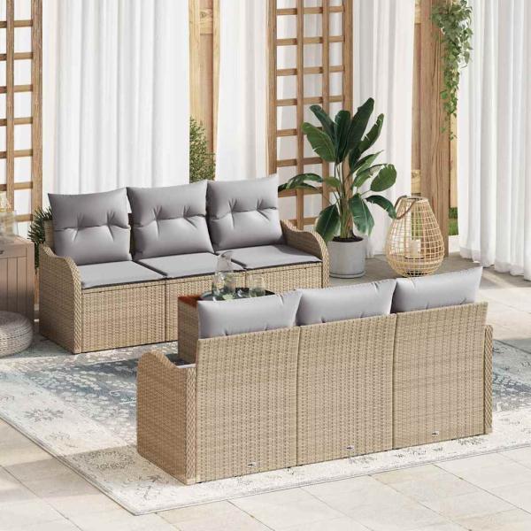 ARDEBO.de - 7-teiliges Garten-Sofa-Set mit Kissen Beige Poly Rattan Akazie, 2-Sitzer Garten-Sofa mit Stauraum & Kissen Beige Poly Rattan