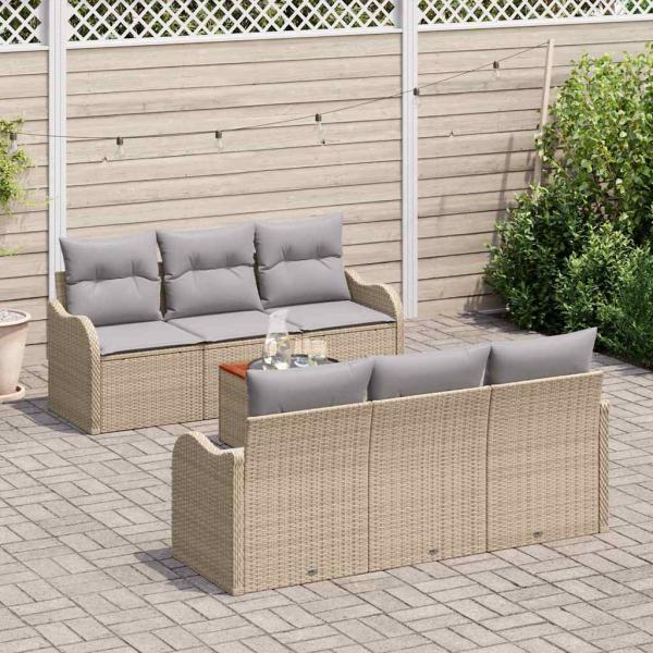 7-teiliges Garten-Sofa-Set mit Kissen Beige Poly Rattan Akazie, 2-Sitzer Garten-Sofa mit Stauraum & Kissen Beige Poly Rattan