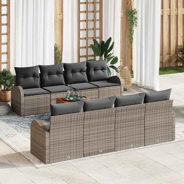 ARDEBO.de - 9-teilige Garten Sofaset mit Kissen Grau Poly Rattan Akazie, 2-Sitzer Garten Sofa mit Stauraum & Kissen Grau Poly Rattan
