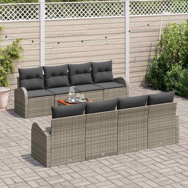 9-teilige Garten Sofaset mit Kissen Grau Poly Rattan Akazie, 2-Sitzer Garten Sofa mit Stauraum & Kissen Grau Poly Rattan