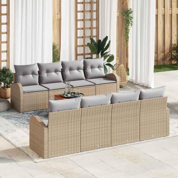 ARDEBO.de - 9-teiliges Garten Sofa Set mit Kissen Beige Poly Rattan Akazie, 2-Sitzer Garten Sofa mit Stauraum & Kissen Beige Poly Rattan
