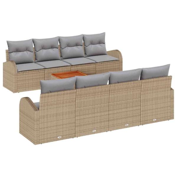 9-teiliges Garten Sofa Set mit Kissen Beige Poly Rattan Akazie, 2-Sitzer Garten Sofa mit Stauraum & Kissen Beige Poly Rattan