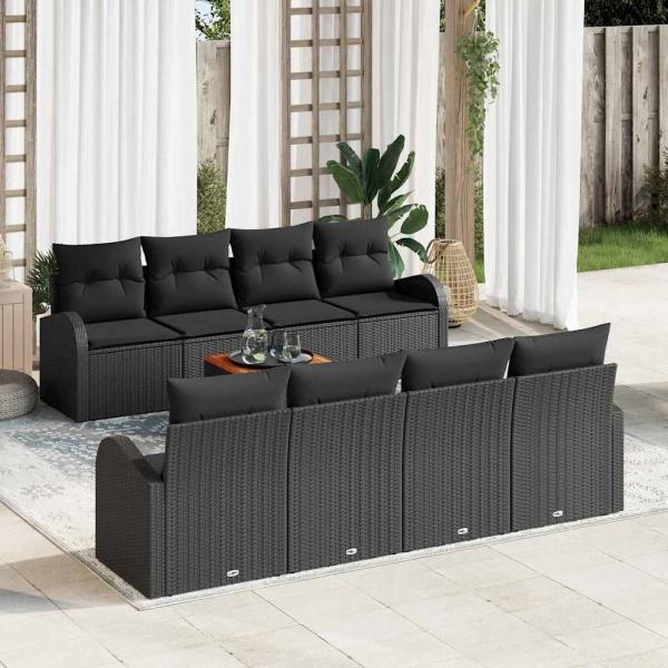 ARDEBO.de - 9-teiliges Garten-Sofa-Set mit Kissen Schwarz Poly Rattan Akazie, 2-Sitzer Garten-Sofa mit Stauraum & Kissen Schwarz Poly Rattan