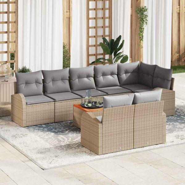 ARDEBO.de - 9-teiliges Garten-Sofa-Set mit Kissen Beige Poly Rattan Akazie, 2-Sitzer Garten-Sofa mit Stauraum & Kissen Beige Poly Rattan