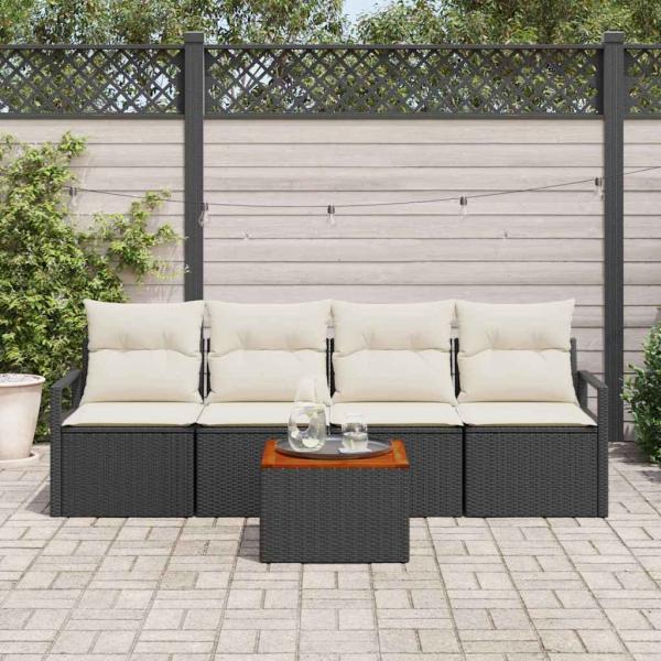 5-teiliges Garten-Sofa-Set mit Kissen Schwarz Poly-Rattan Akazie, 2-Sitzer Garten-Sofa mit Stauraum und Kissen Schwarz Poly-Rattan