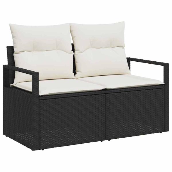 7-teiliges Garten Sofa Set mit Kissen Schwarz Poly Rattan Akazie, 2-Sitzer Garten Sofa mit Stauraum & Kissen Schwarz Poly Rattan