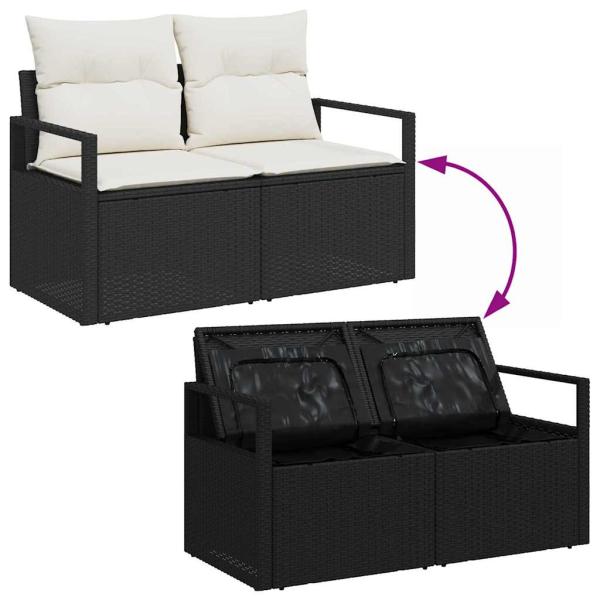 7-teiliges Garten Sofa Set mit Kissen Schwarz Poly Rattan Akazie, 2-Sitzer Garten Sofa mit Stauraum & Kissen Schwarz Poly Rattan
