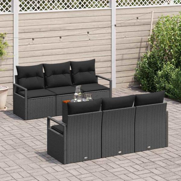 7-teiliges Garten Sofa Set mit Kissen Schwarz Poly Rattan Akazie, 2-Sitzer Garten Sofa mit Stauraum & Kissen Schwarz Poly Rattan