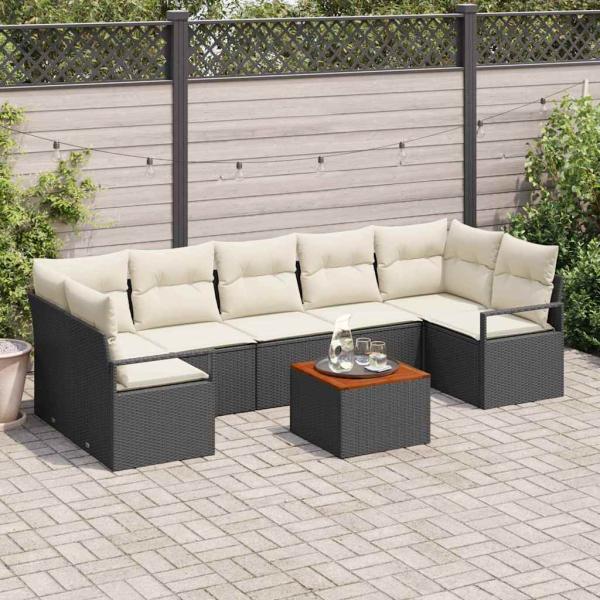 ARDEBO.de - 8-teiliges Garten Sofa Set mit Kissen Schwarz Poly Rattan Akazie, 2-Sitzer Garten Sofa mit Stauraum & Kissen Schwarz Poly Rattan