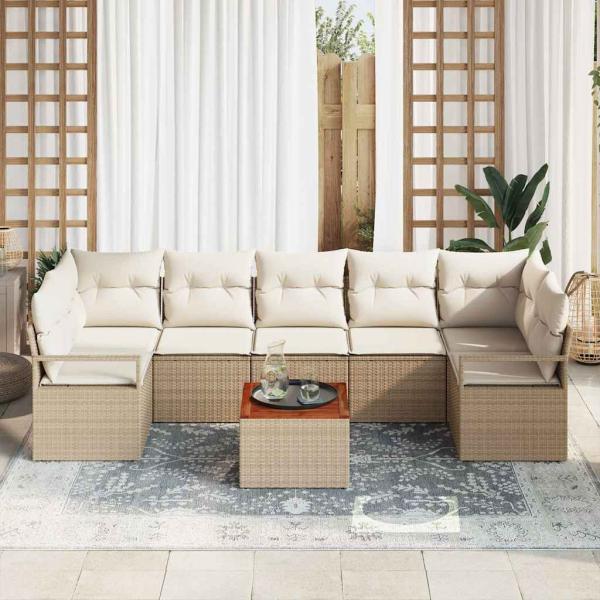 8-teiliges Garten Sofa Set mit Kissen Beige Poly Rattan Akazie, 2-sitzer Garten Sofa mit Stauraum und Kissen Beige Poly Rattan
