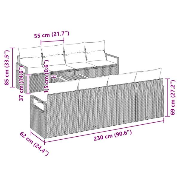 9-teiliges Garten-Sofa-Set mit Kissen, Schwarz, Poly-Rattan, Akazie, 2-Sitzer Garten-Sofa mit Stauraum & Kissen, Schwarz, Poly-Rattan