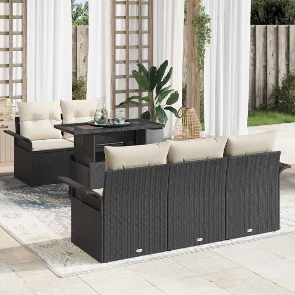 ARDEBO.de - 6-teiliges Garten Sofa Set mit Kissen Schwarz Poly Rattan, 2-Sitzer Garten Sofa mit Stauraum & Kissen Schwarz Poly Rattan