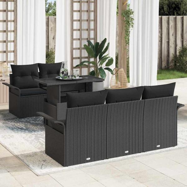ARDEBO.de - 6-teiliges Garten Sofa Set mit Kissen Schwarz Poly Rattan, 2-Sitzer Garten Sofa mit Stauraum & Kissen Schwarz Poly Rattan