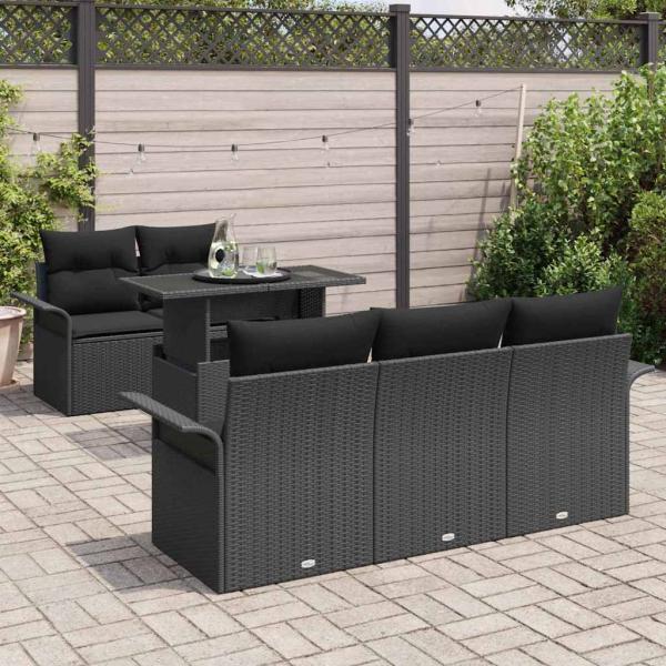 6-teiliges Garten Sofa Set mit Kissen Schwarz Poly Rattan, 2-Sitzer Garten Sofa mit Stauraum & Kissen Schwarz Poly Rattan