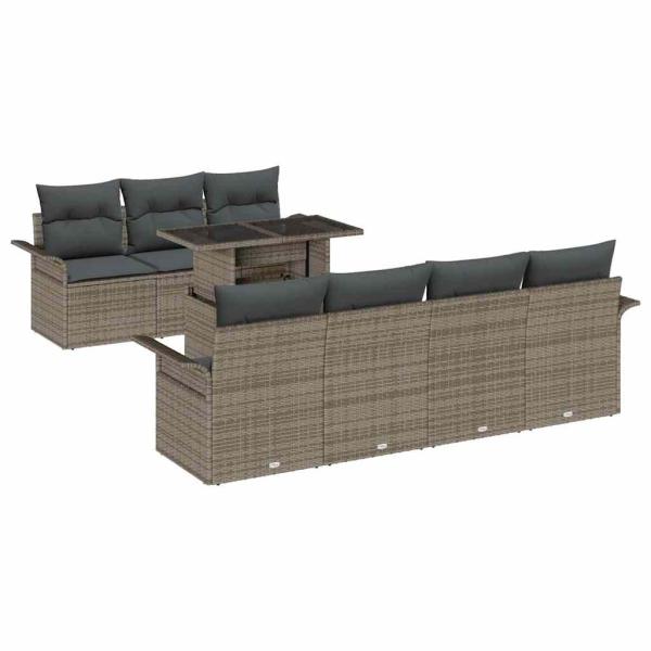 8-teiliges Garten-Sofa-Set mit Kissen Grau Poly-Rattan, 2-Sitzer Garten-Sofa mit Stauraum & Kissen Grau Poly-Rattan