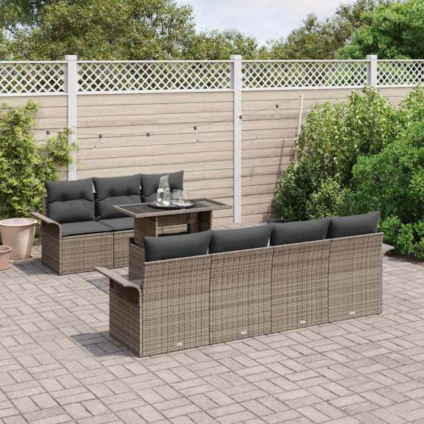 8-teiliges Garten-Sofa-Set mit Kissen Grau Poly-Rattan, 2-Sitzer Garten-Sofa mit Stauraum & Kissen Grau Poly-Rattan
