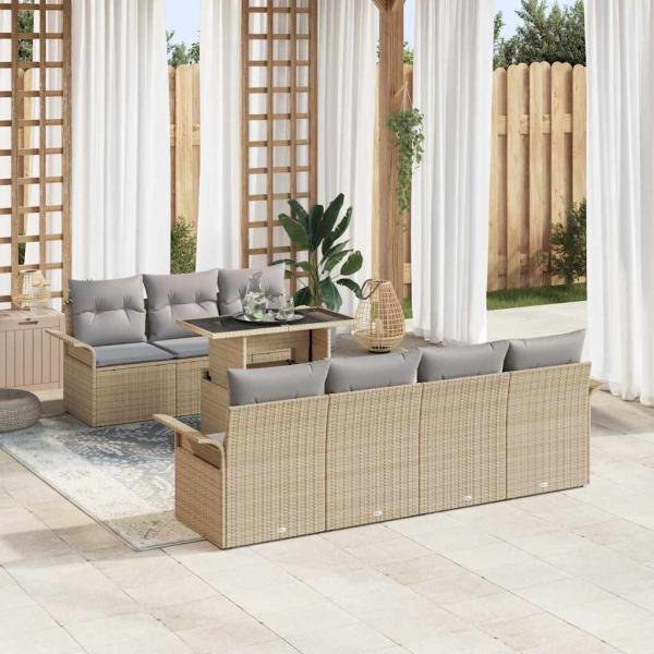 ARDEBO.de - 8-teiliges Garten Sofa Set mit Kissen Beige Poly Rattan, 2-Sitzer Garten Sofa mit Stauraum & Kissen Beige Poly Rattan