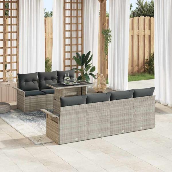 ARDEBO.de - 8-teiliges Garten Sofa Set mit Kissen Hellgrau Poly Rattan, 2-Sitzer Garten Sofa mit Stauraum & Kissen Hellgrau Poly Rattan