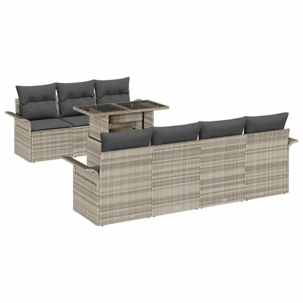 8-teiliges Garten Sofa Set mit Kissen Hellgrau Poly Rattan, 2-Sitzer Garten Sofa mit Stauraum & Kissen Hellgrau Poly Rattan