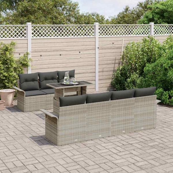 8-teiliges Garten Sofa Set mit Kissen Hellgrau Poly Rattan, 2-Sitzer Garten Sofa mit Stauraum & Kissen Hellgrau Poly Rattan